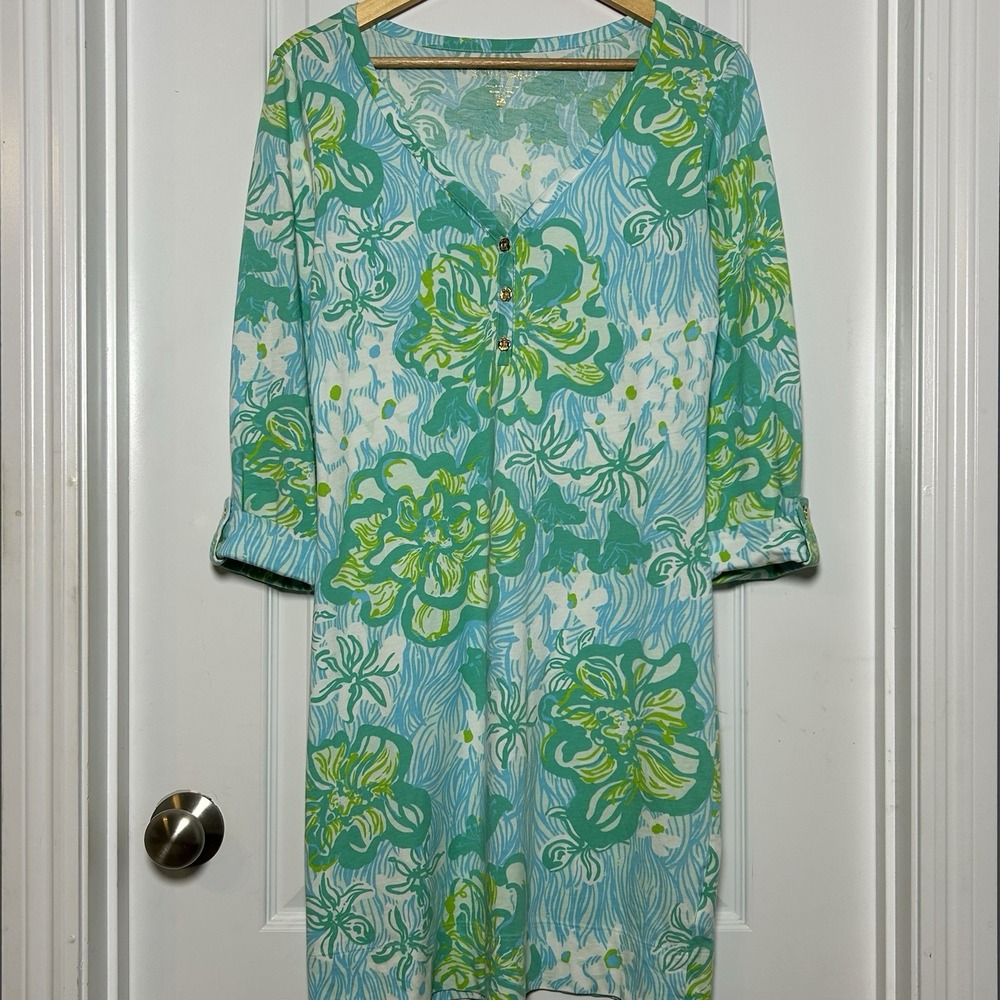 Lilly Pulitzer 100% Pima Cotton Blue Green Wave Rider Palmetto Henley Dress